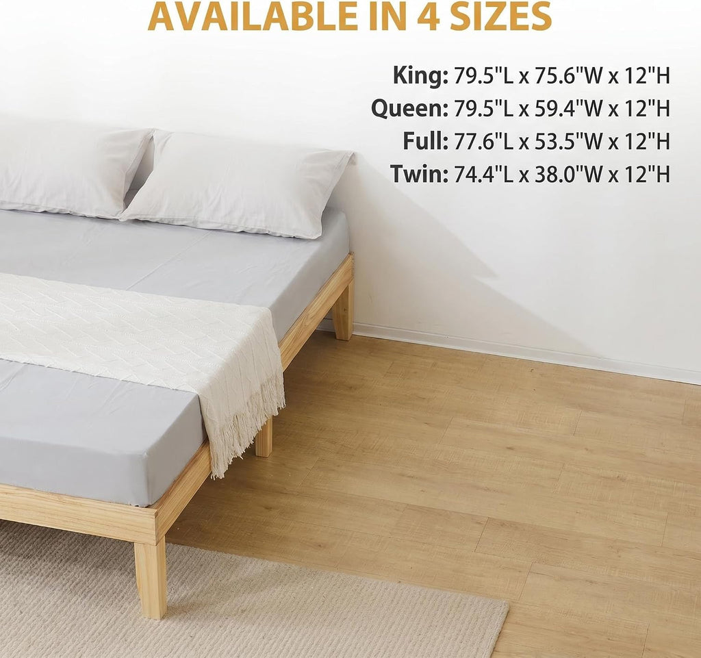 12 inch H King Size Japanese Solid Wooden Bed Frame, Mid-Century Natural Wood Platform Bed, Pine Wood Low Bedframe