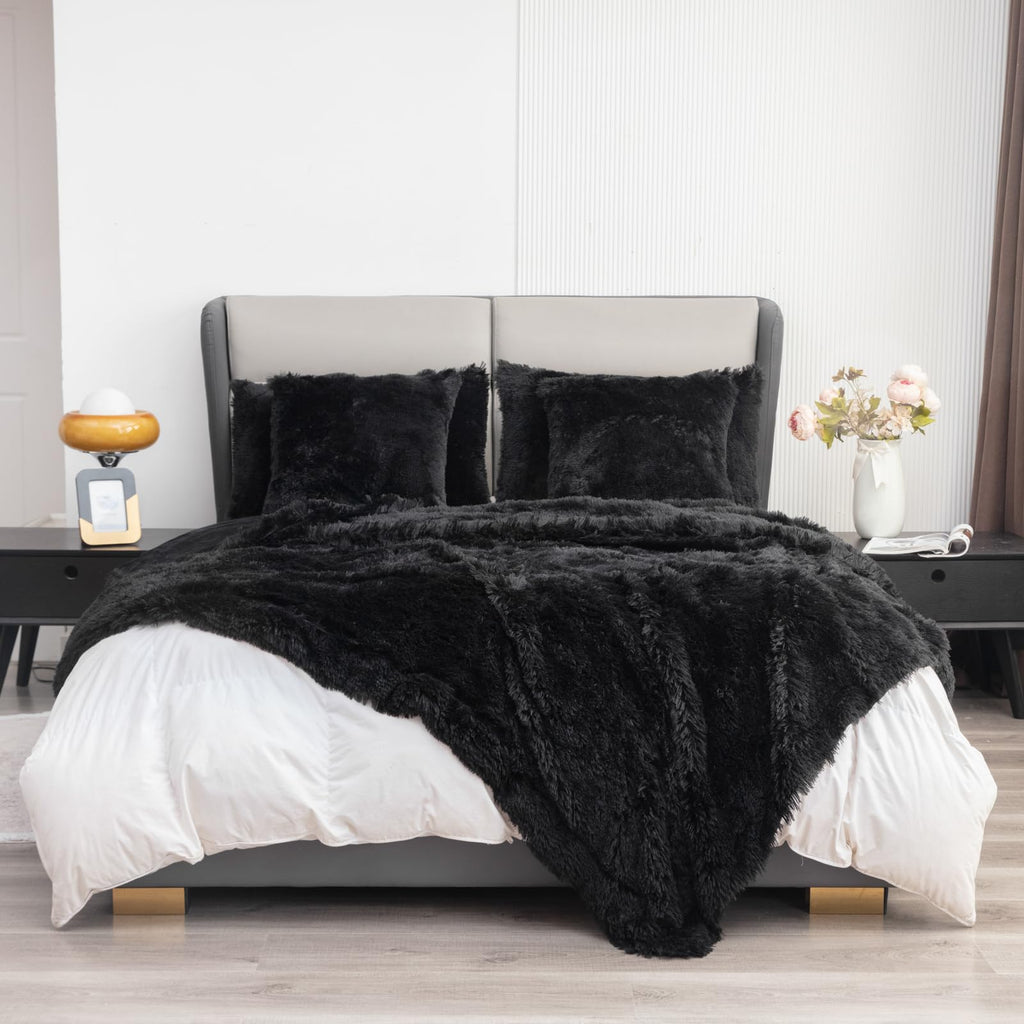 Black Queen Faux Fur Blanket, 2 Layers, 90"x90" Without Pillows Big Soft Plush Fuzzy Large Warm Fluffy Throw Blanket