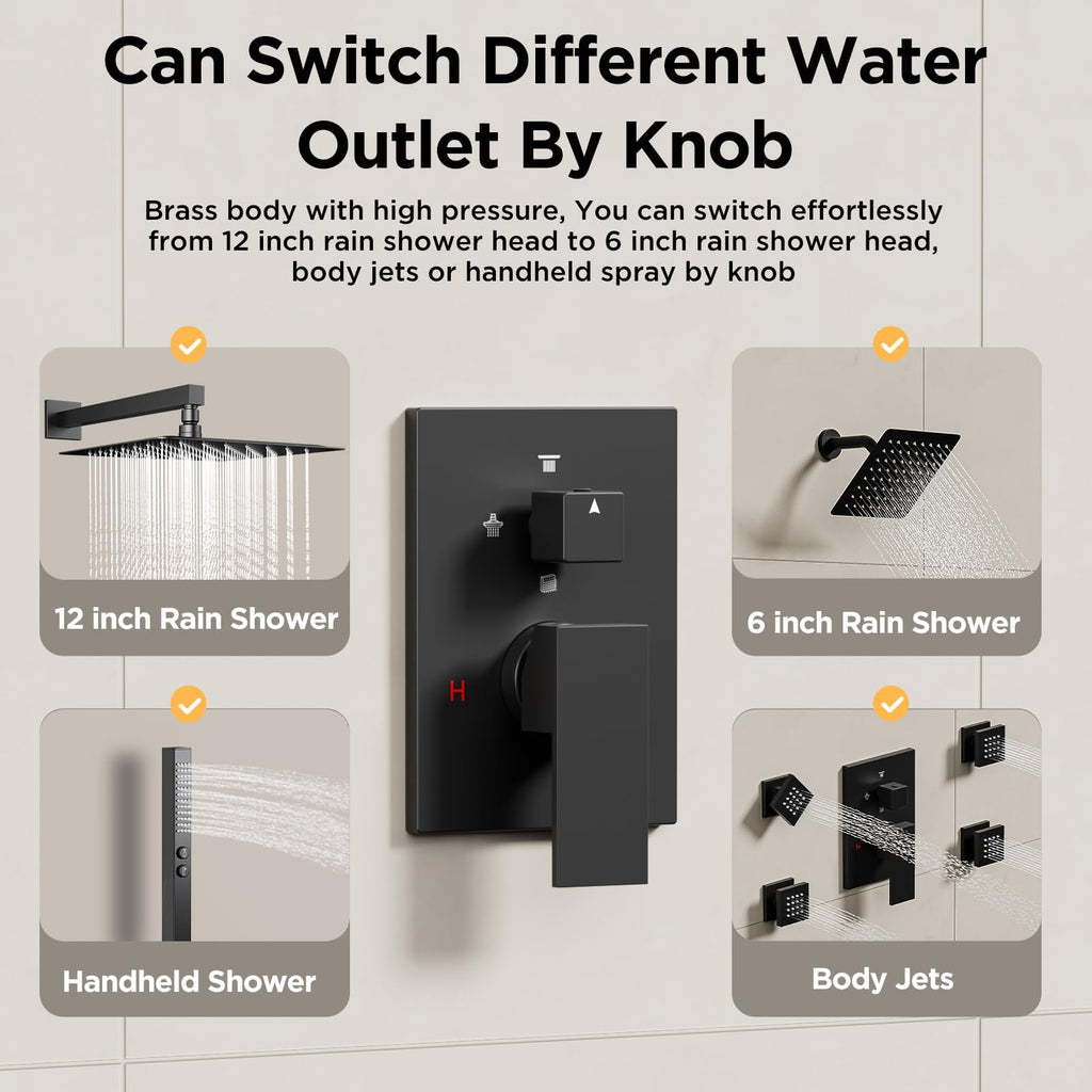Shower Faucet Sets Matte Black Shower System, 4 Way 12+6" Dual Head Shower Set Complete with 2 in 1 Handheld,Wall