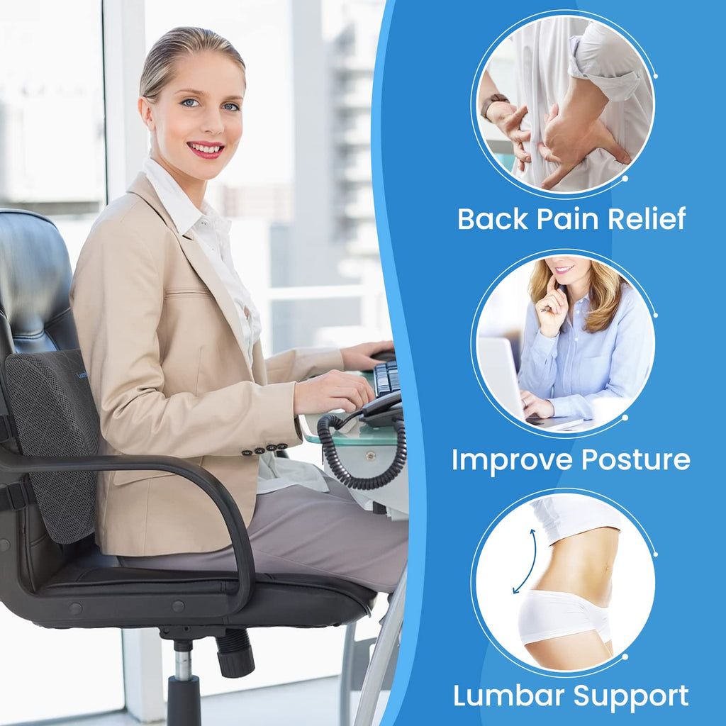 Lumbar Support Pillow Chair, Back Support, Memory Foam, Grey