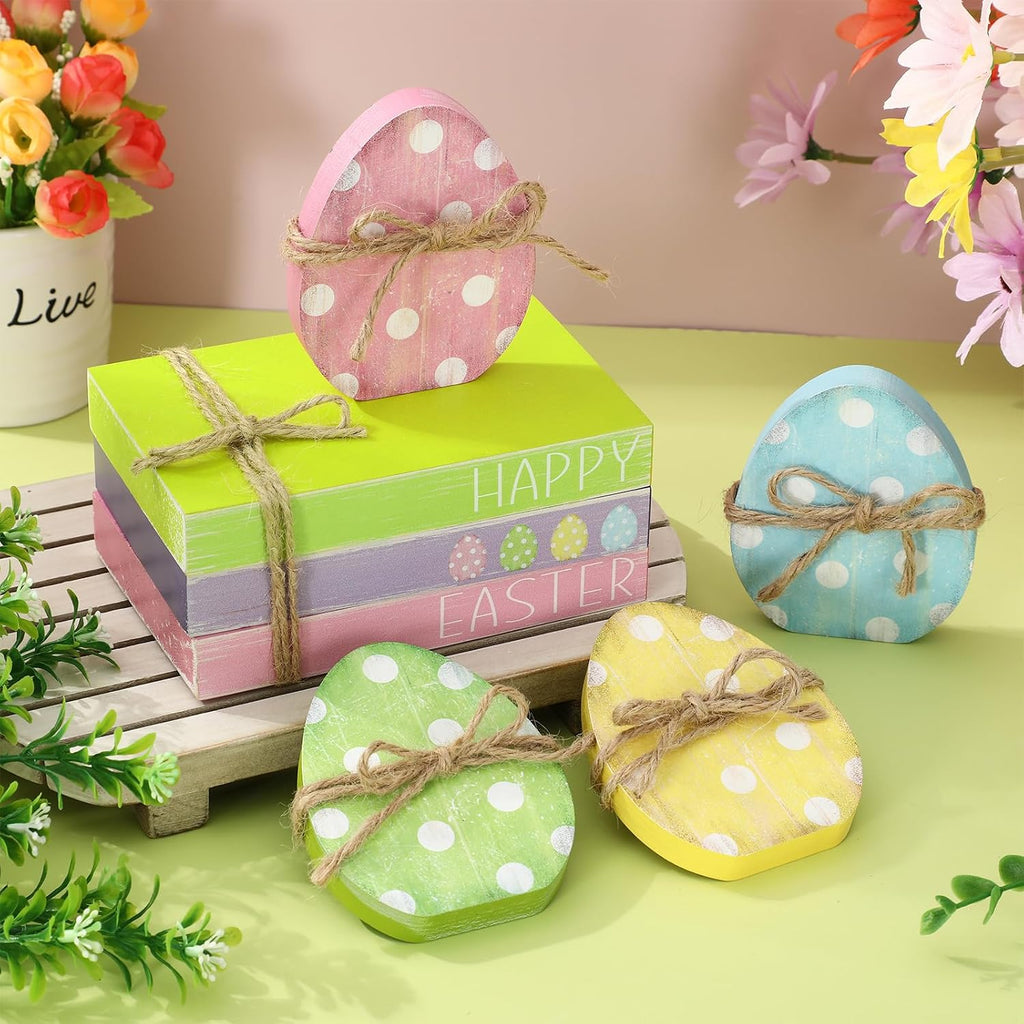 Easter Wooden Tiered Tray Decor Faux Stacked Books Colorful Polka Dot Egg Table Centerpiece Block Signs - Set of 7