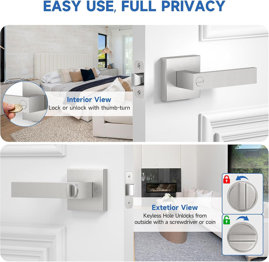 3 Pack Privacy Square Brushed Nickel Door Handles, Interior Keyless Door Knobs /Bathroom, Reversible for Left & Right