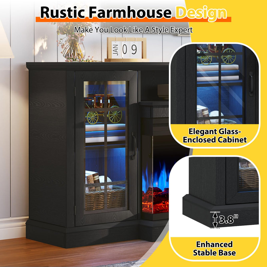 70 Inch Fireplace TV Stand for TVs up to 80", Rustic Media Entertainment Center Console Table with Glass Door Closed