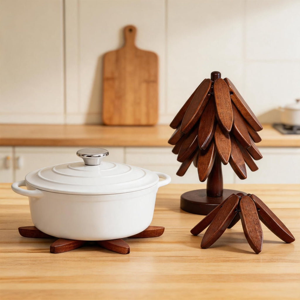 Wooden Tree Coasters Set, Black Walnut Tree Trivet for Hot Dishes, Foldable Stackable Trivets with Stand, Heat - Set of 6