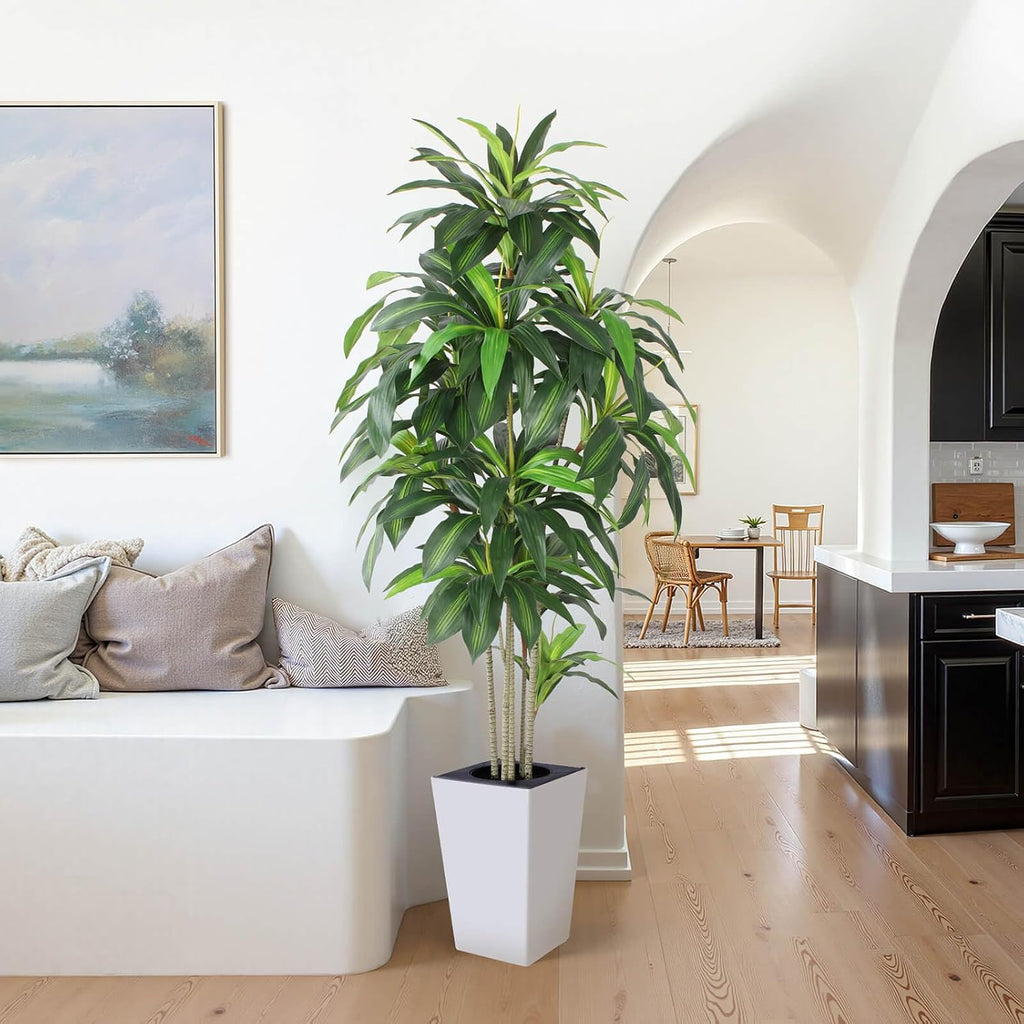 Dracaena Tree with White Tall Planter, 7ft Tall Potted Artificial Dracaena Silk Plant, Fake Yucca Tree Plant, Home