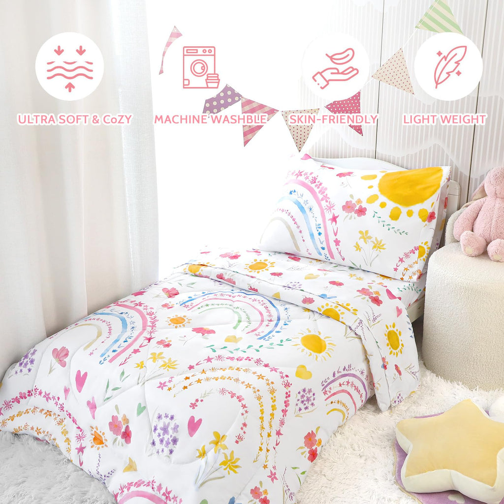 Toddler Bedding Set for Girls, 4 Piece Soft & Breathable Rainbow & Sun Crib Bedding Set, Bed-in-A-Bag Toddler