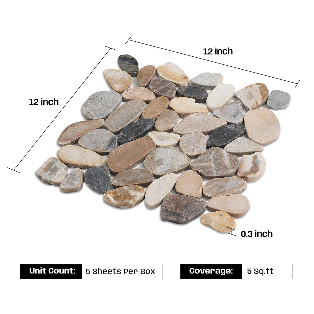 Pebble Tile for Shower Floor, Brown Sliced Pebble Mosaic Tile, 5 Pcs