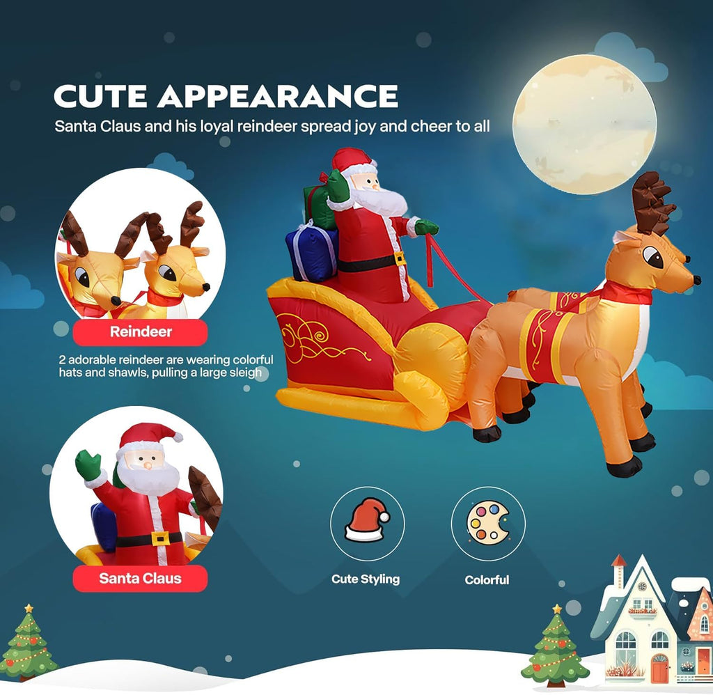 7.5 Ft Christmas Inflatables Santa Sleigh with Reindeer Outdoor Decoration Lighted Inflatable Santa Claus on Sleigh