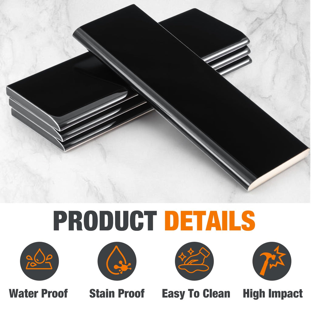 5 Pcs 40 Bullnose Trim 2 x 6 in Ceramic, Single Round Edge, Black