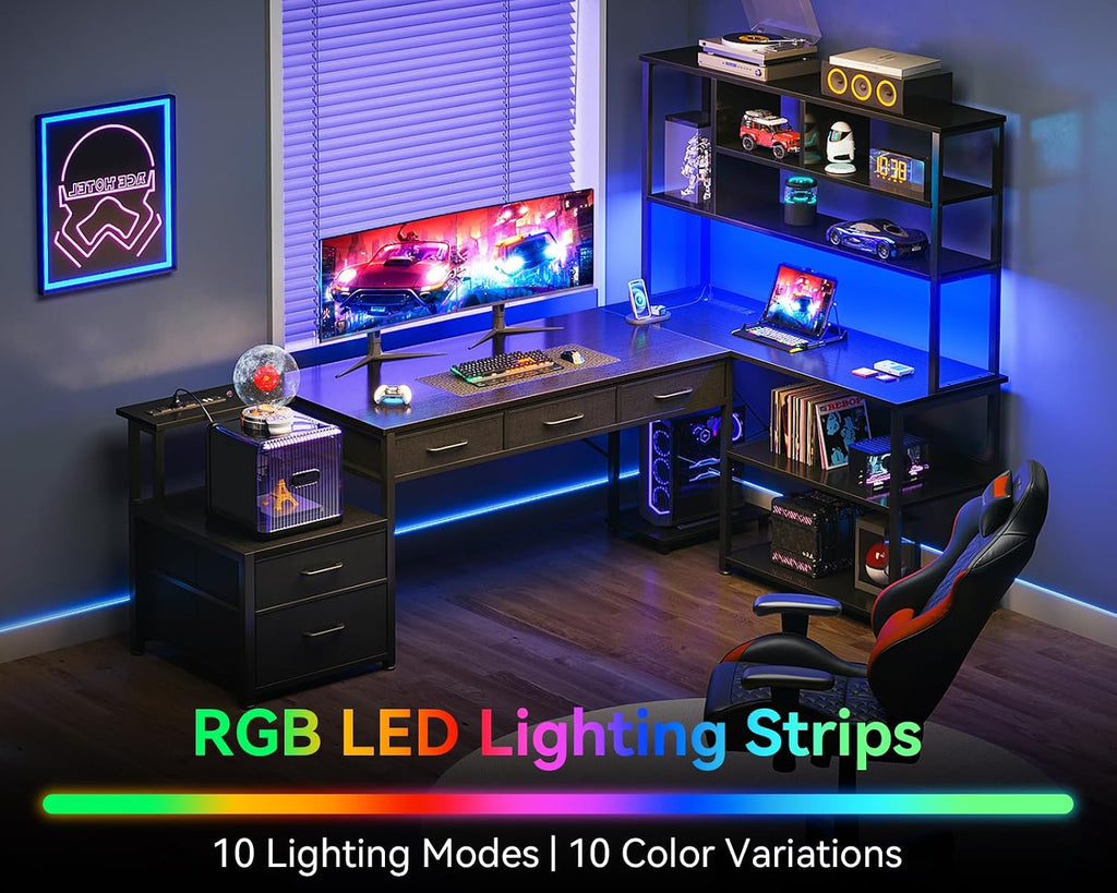 79 inch L Shaped Desk with 5 Drawers, LED Light & 2 Power Outlets | Reversible Black L Shaped Gaming Desk, Computer