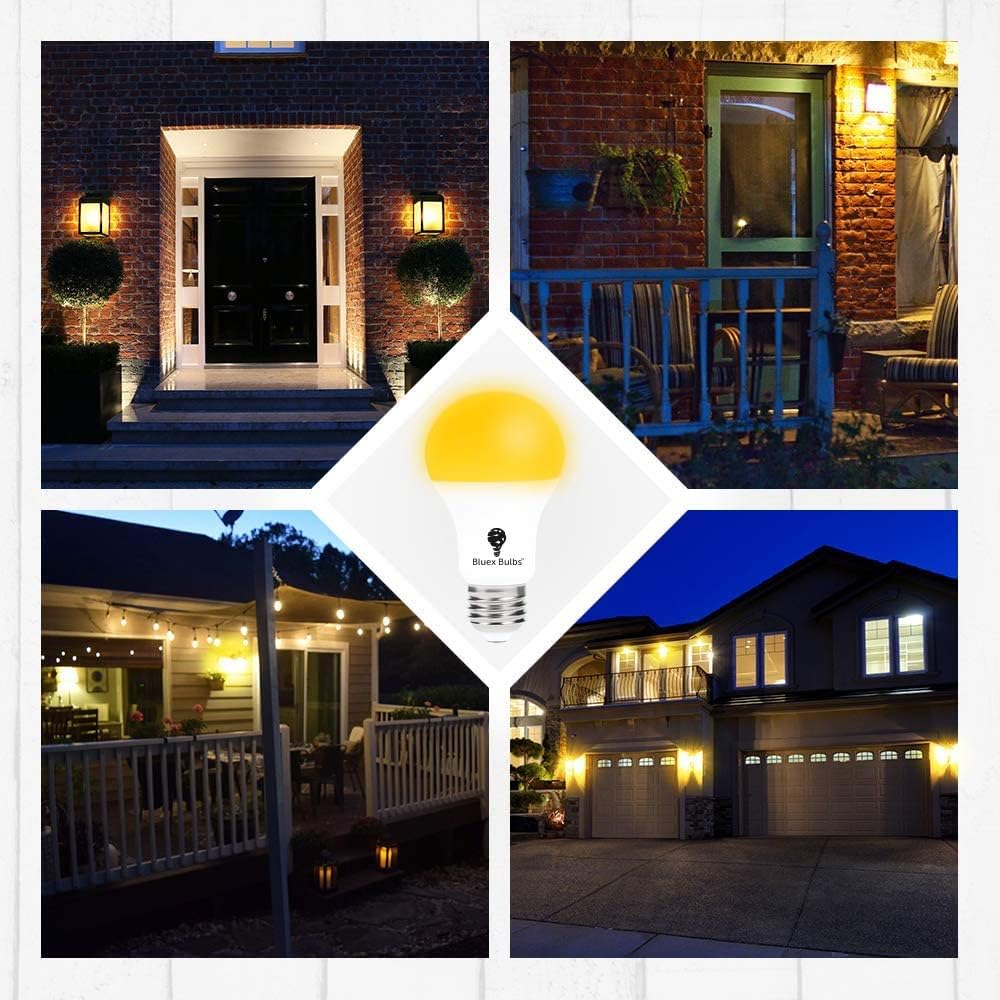 4 Pack LED Dusk to Dawn A19 Bug Light Bulb, Yellow Amber Light With Automatic Sensor, Porch Security Light, Auto