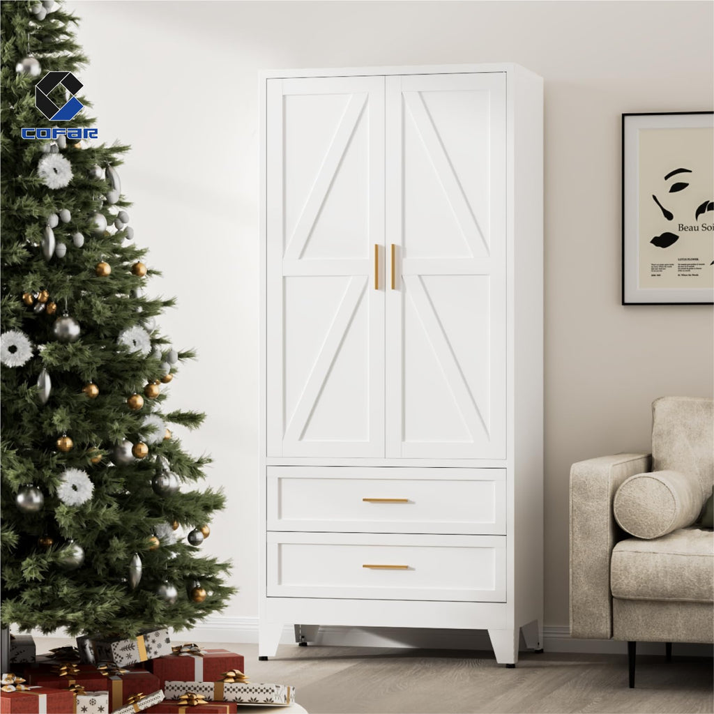 Armoire Wardrobe Closet with Drawers & Hanging Rod, 71'' Metal Wardrobe Closet with Doors & Adjustable Shelf