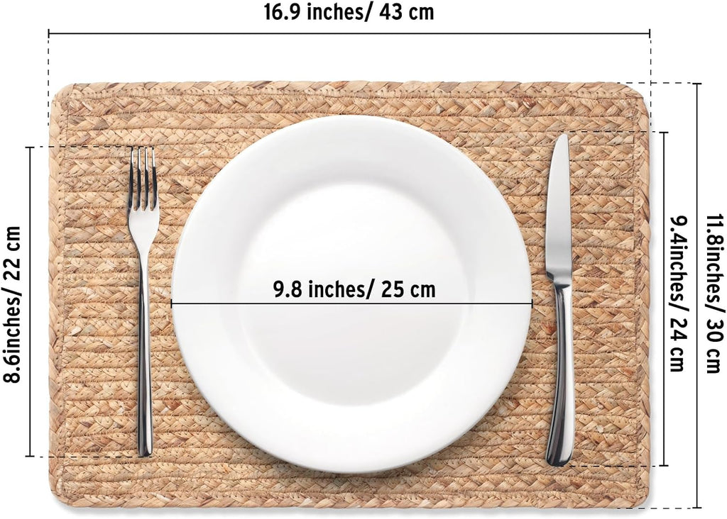 Woven Placemats Set of 6, 17" x 12" Rattan Table Mats, Natural Water Hyacinth Chargers for Dinner Plates, Wicker