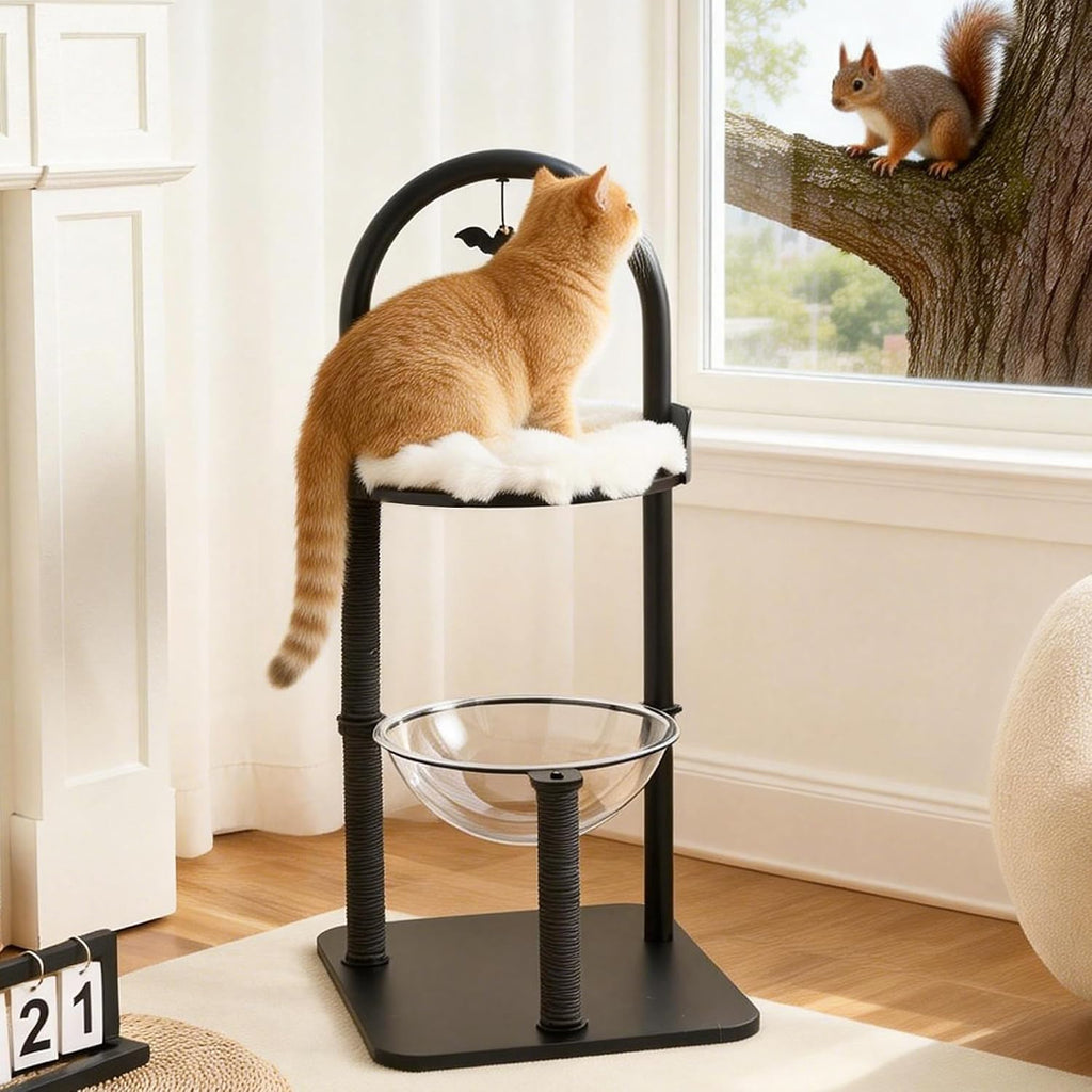34" Modern Cat Tree Furniture for Indoor Small & Medium Cats, Minimalist Cat Tower with Scratching Posts, Wood