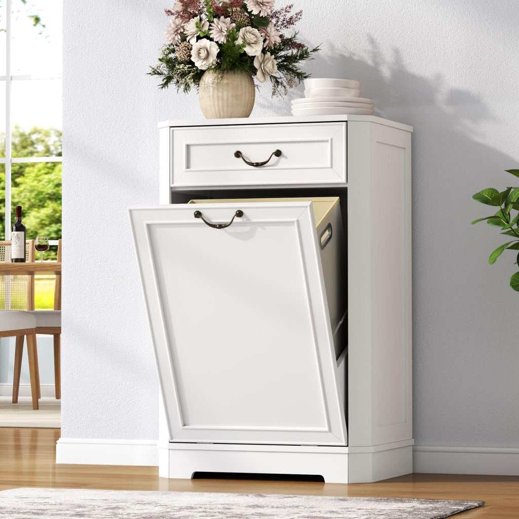 Tilt Out Laundry Hamper Cabinet, Hidden Laundry Cabinets w/Drawer & Basket