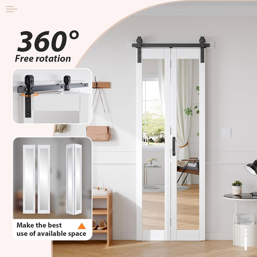 Bifold Barn Doors Double 15x84 with Mirror for Closet,White,Hardware Included