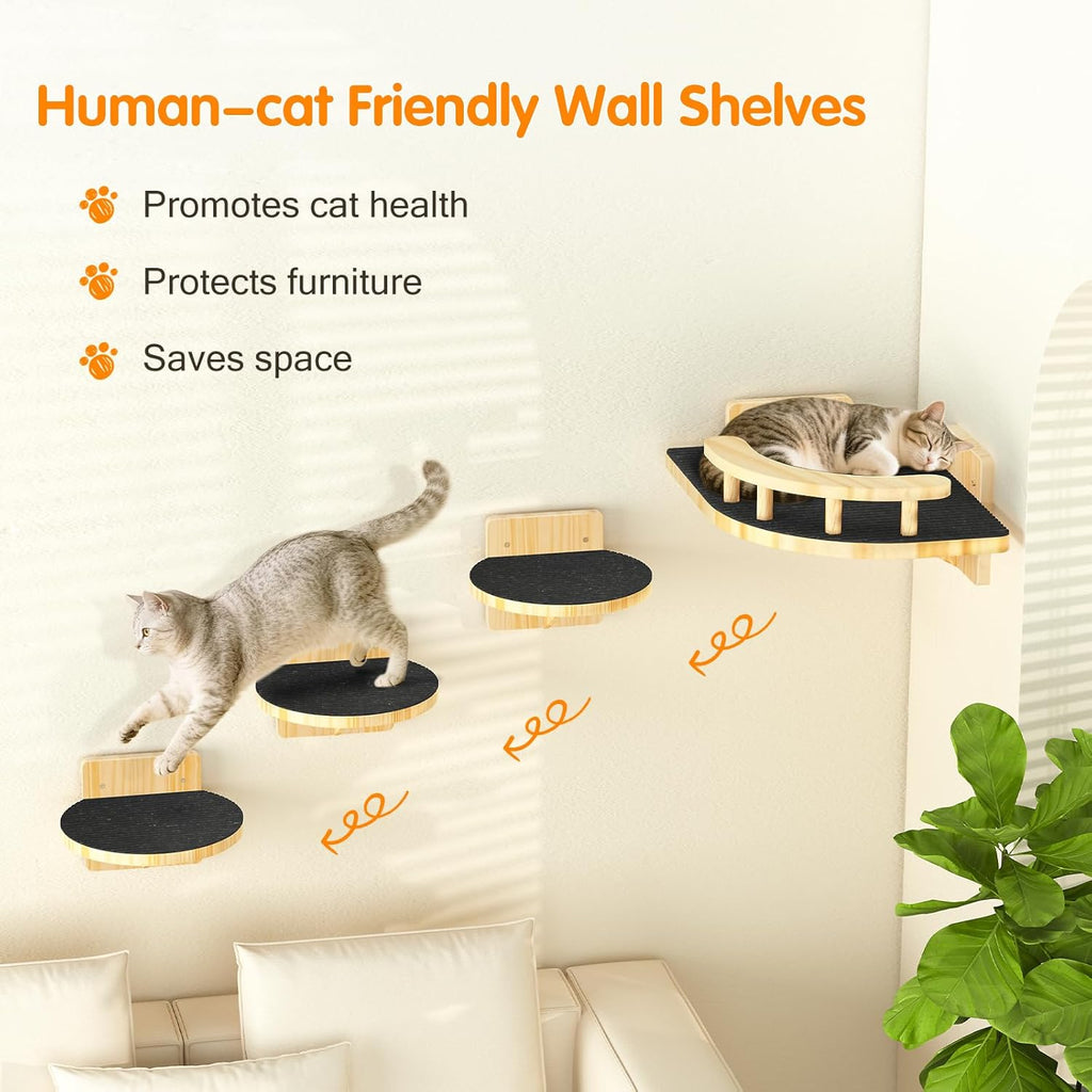 Cat Wall Shelves, Corner Cat Shelf with 3 Wide Perch Steps, Kitty Wall Climber Wooden Furniture up to 25lbs, Modern