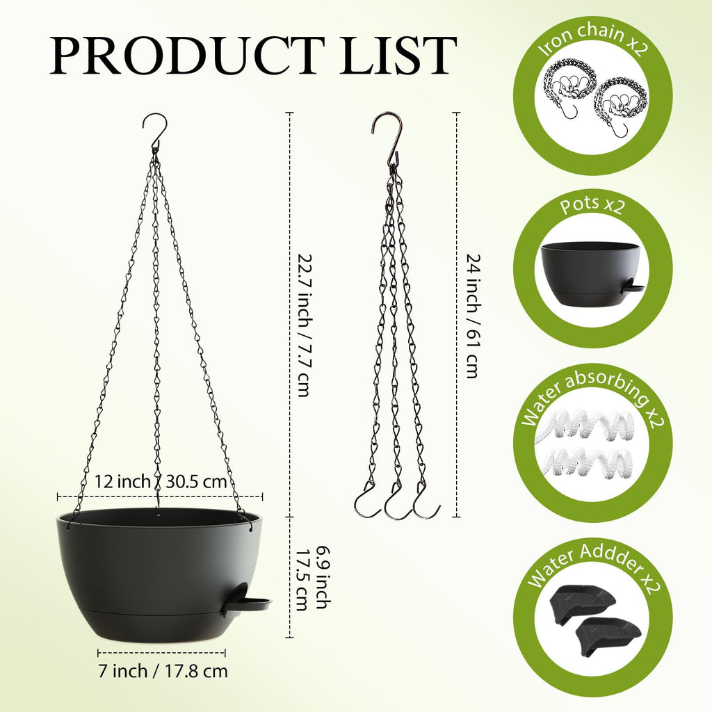 12 Inch Hanging Baskets 2 PC with Chains, Self-Watering Hanging Planters for Indoor Outdoor Plants, Plastic Hanging