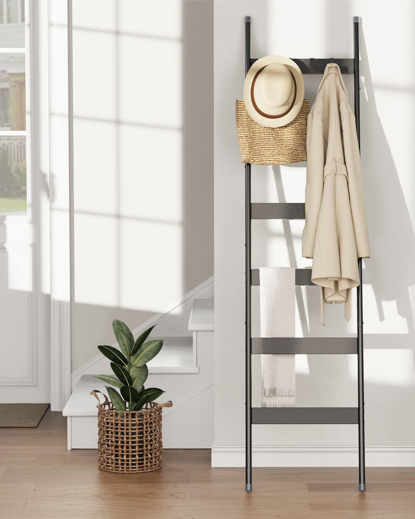 Blanket Ladder, 6-Tier Towel Holder with 4 Removable Hooks, Farmhouse Wall Leaning Decorative Rack Shelf, Wooden