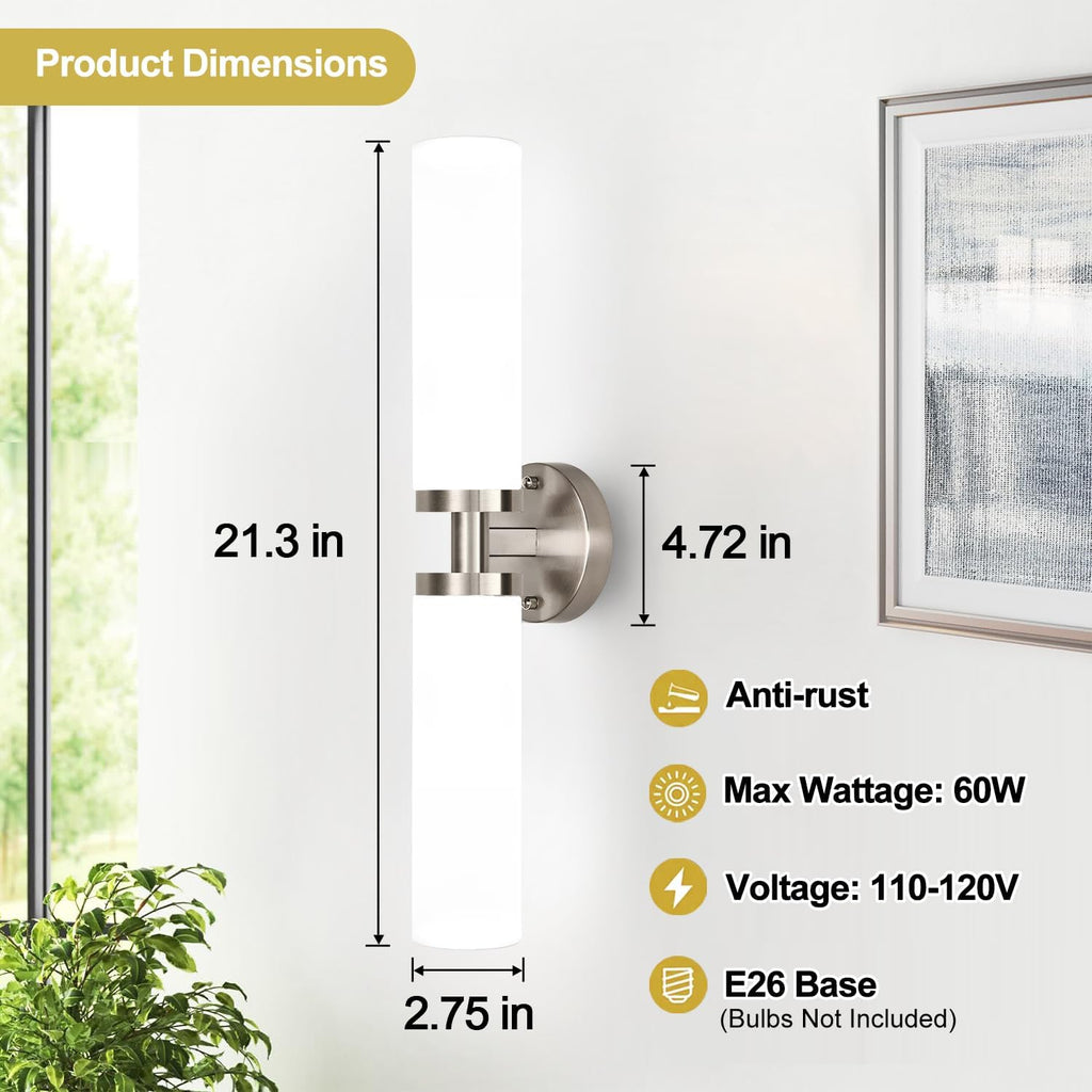 Wall Sconces Set of Two, Brushed Nickel Gold Bathroom Sconces Wall Lighting with Milky White Glass, Hardwired Modern