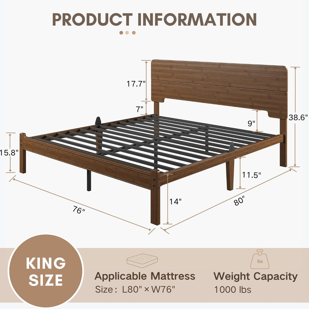 14" Solid Bamboo Wood King Size Bed Frames with Headboard, Brown