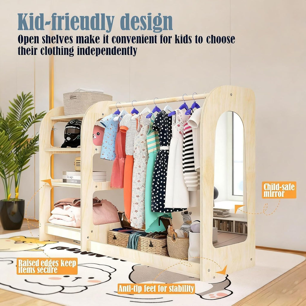 Kids Dress Up Storage with Mirror, Wooden Kids Dress Up Rack for Little Girls and Boys, Kid Wardrobe Closet with