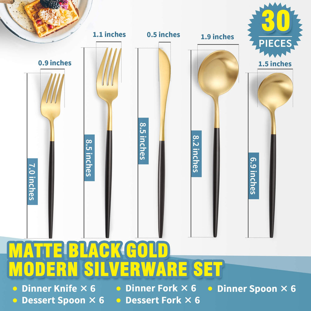Matte Black Gold Silverware Set for 6,Modern Stainless Steel Brushed Cutlery Set,30-Pieces Heavy Duty Flatware