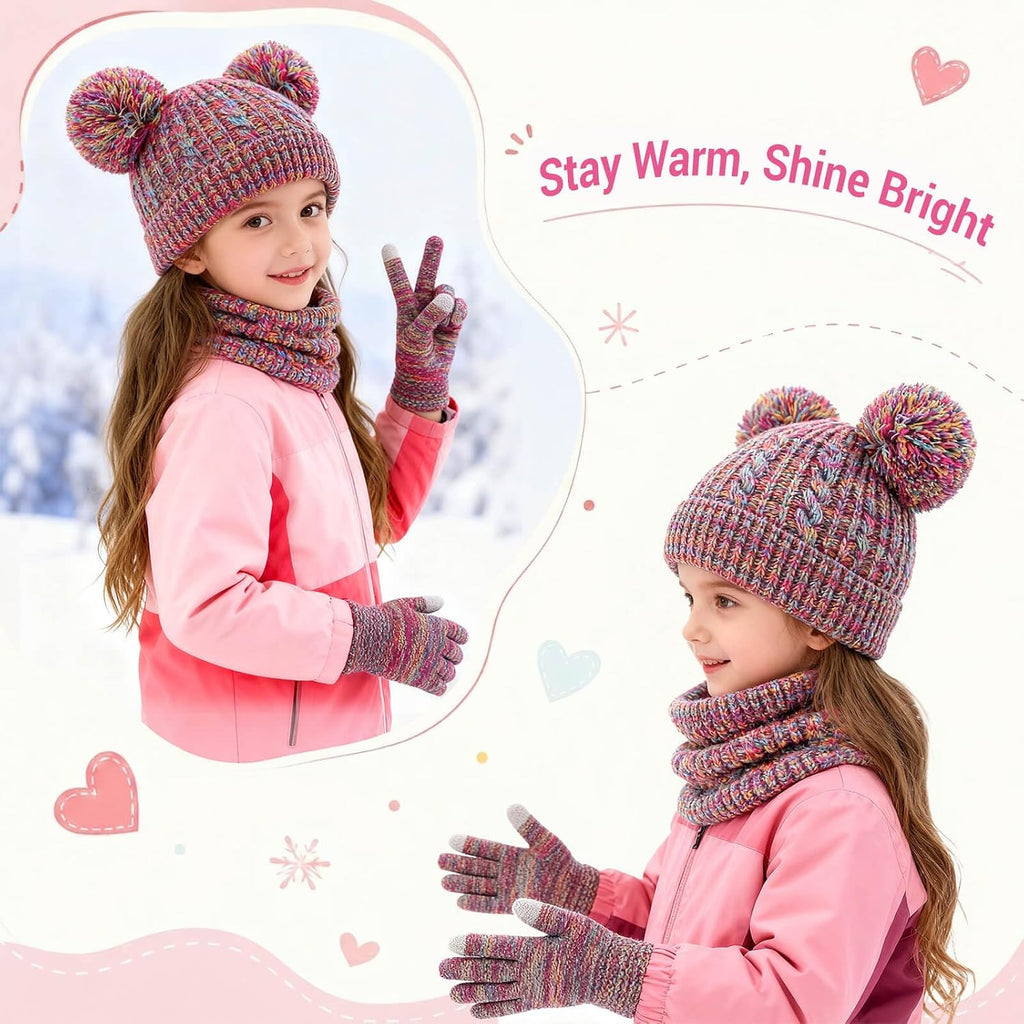 Kids Winter Hat Gloves Scarf Set, Unisex Children Beanie Hat with Pom