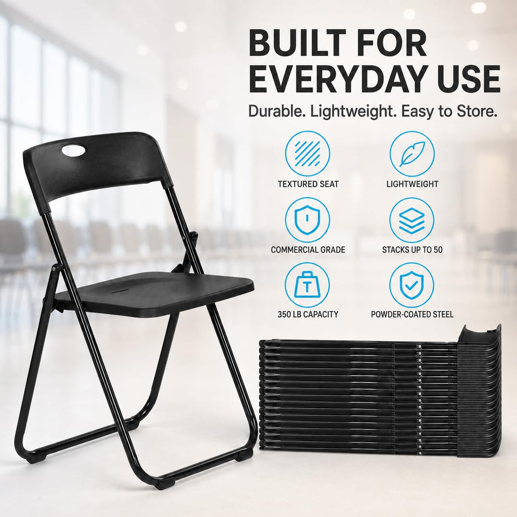6 Pack Black Plastic Folding Chairs, Portable Foldable Chair
