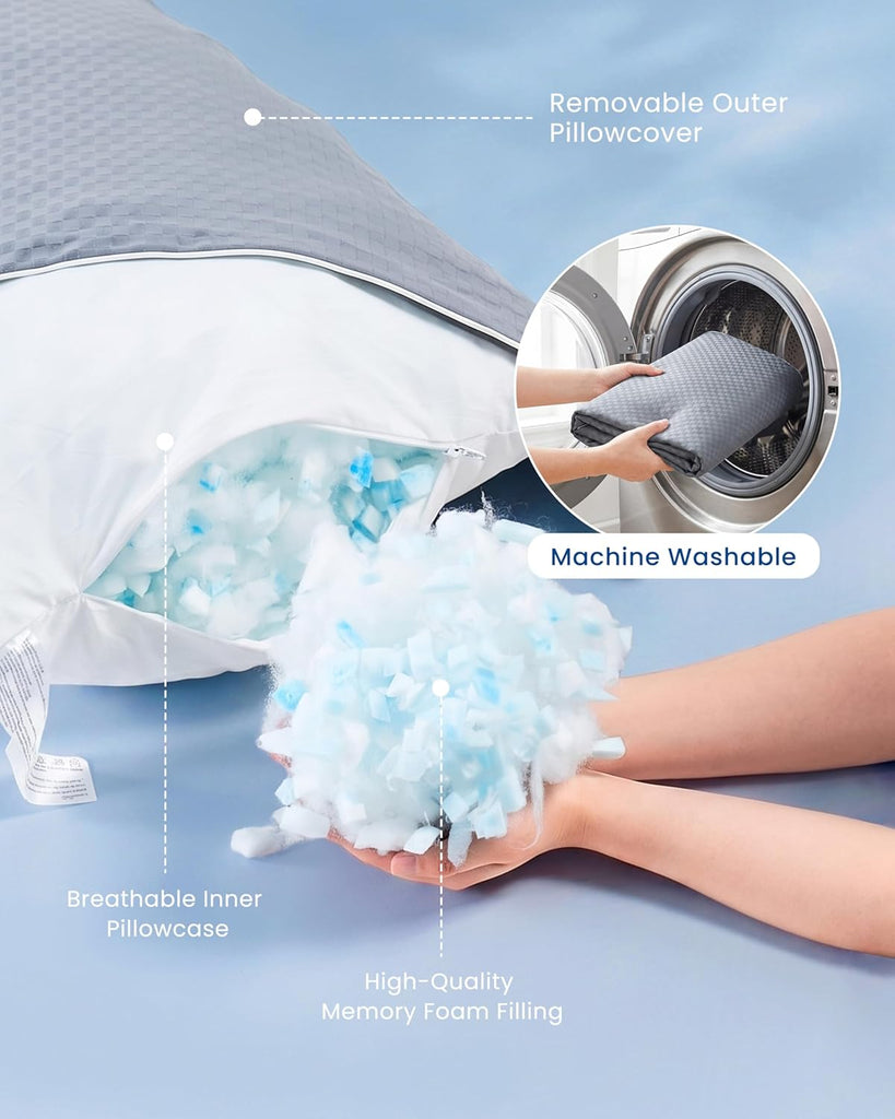 Cooling Body Pillow for Adults- Pillow Insert with Shredded Blue Memory Foam, Soft Support for Side Sleepper