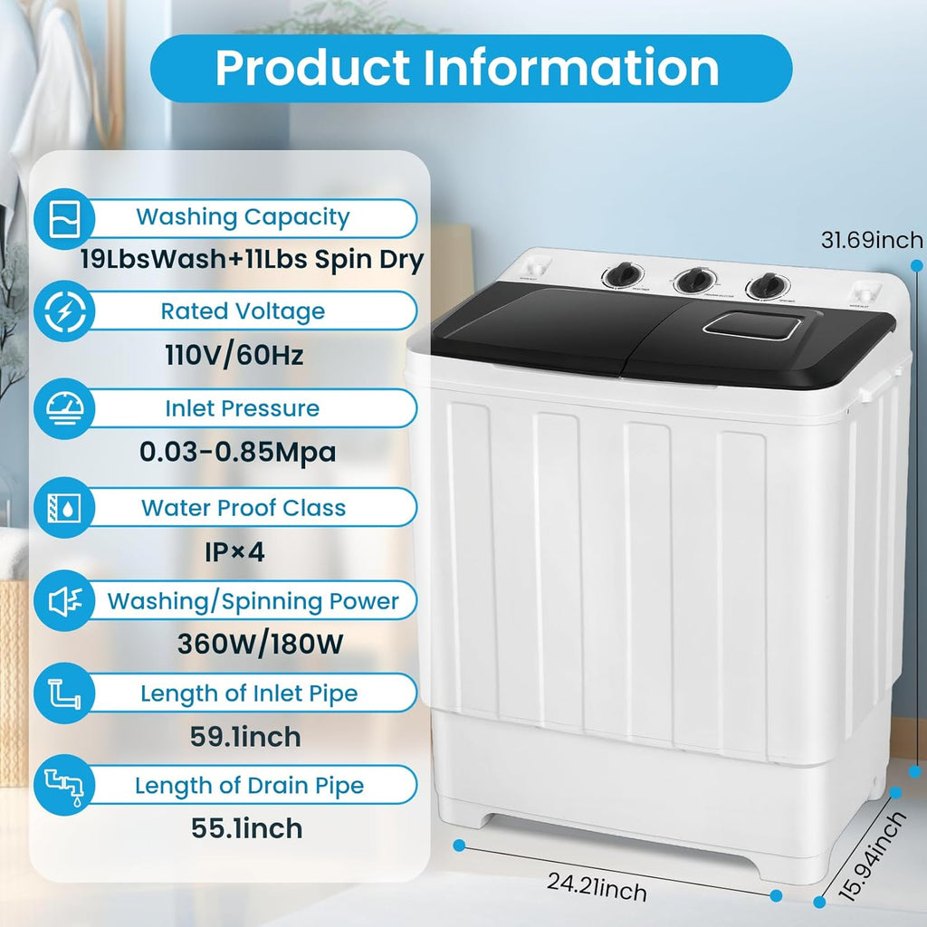 Portable 30Lbs Twin Tub Washing Machine Washer and Dryer Combo, Compact Laundry Machine with Drain Pump, Time Control
