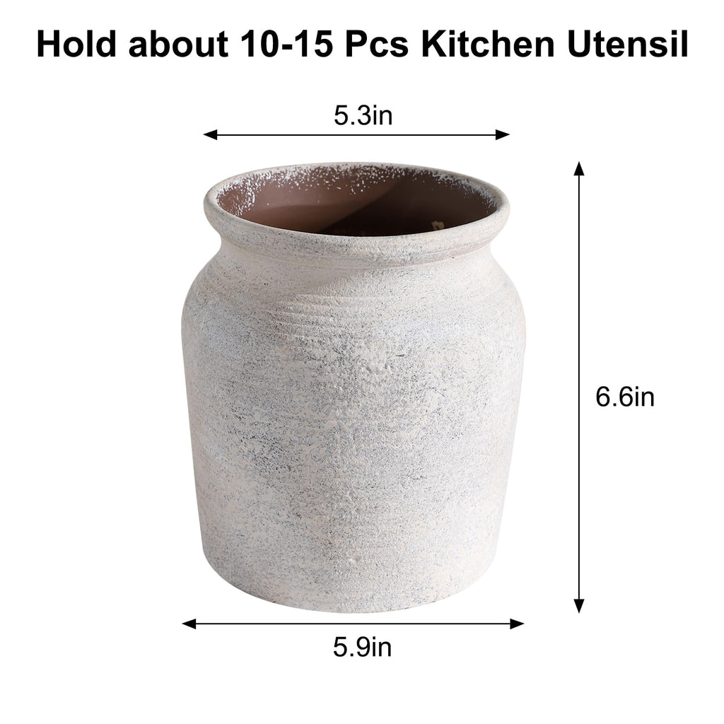 Ceramic Farmhouse Kitchen Utensil Holder for Countertop, Rustic Cooking Utensil Holder Crock Fit Counter. 6*6*6.7