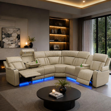 Power Reclining Sectional Sofa Set with LED Lights, L-Shaped Bonded Leather Couch with 2 Recliners, Reading Lights