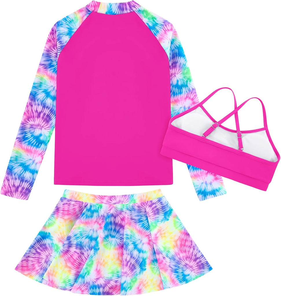Girls Rash Guard Swimsuit 3 Piece Long Sleeve Bathing Suit Tankini with Skirt