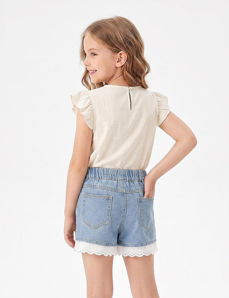 Girls Lace Trim Denim Jeans Shorts Elastic Waist Pull On Summer Shorts with Pockets