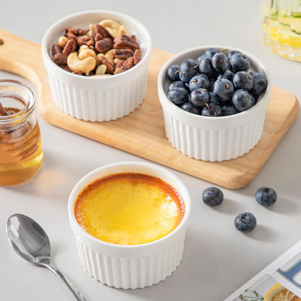 6 oz with Lid, Porcelain Creme Brulee Souffle Dishes, White Pudding Custard Cups Ramiken for Baking, Dishwasher and