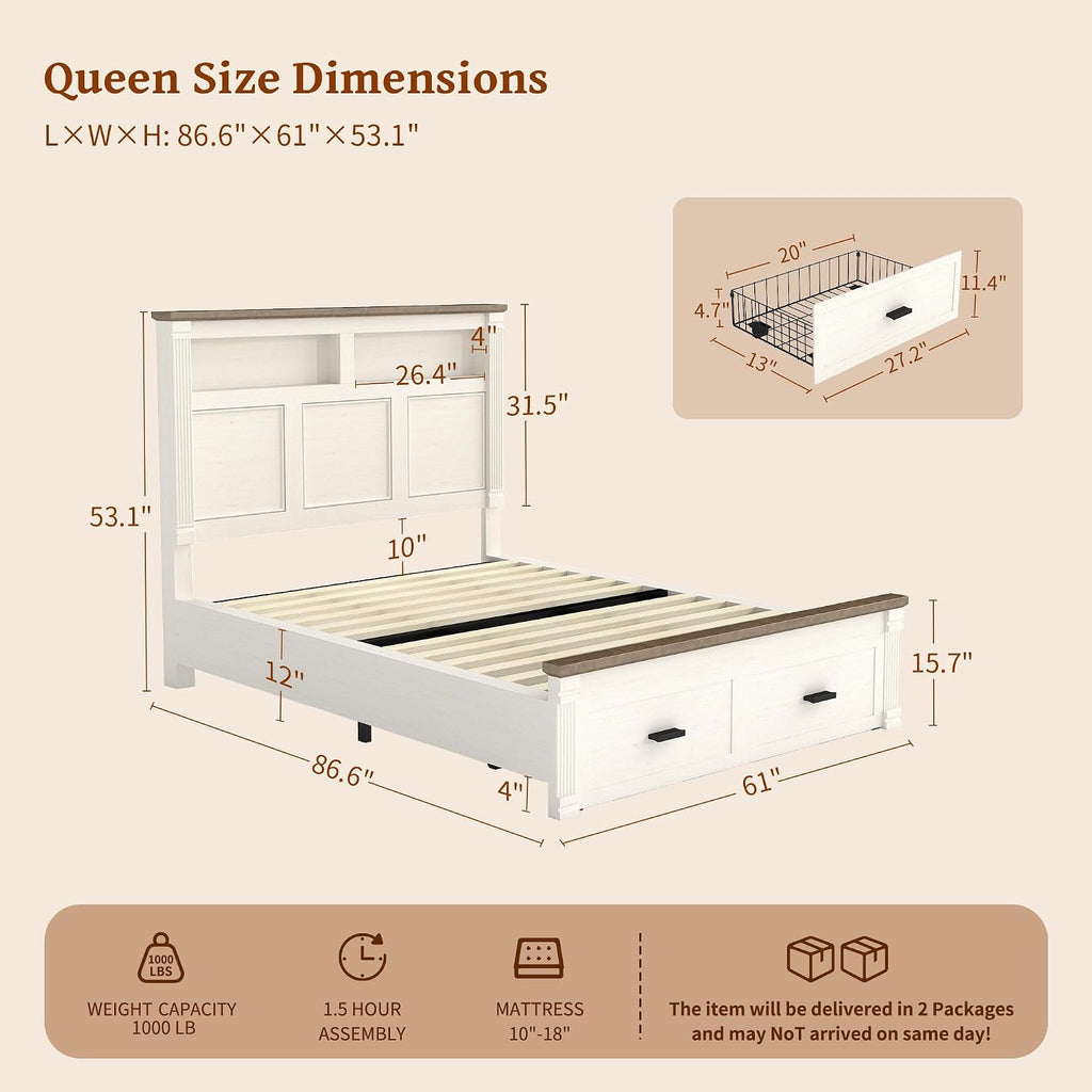 Queen Bed Frame with 2 Storage Drawers, 53" Tall Headboard Farmhouse Platform Bed Frame with Roman Column Decoration