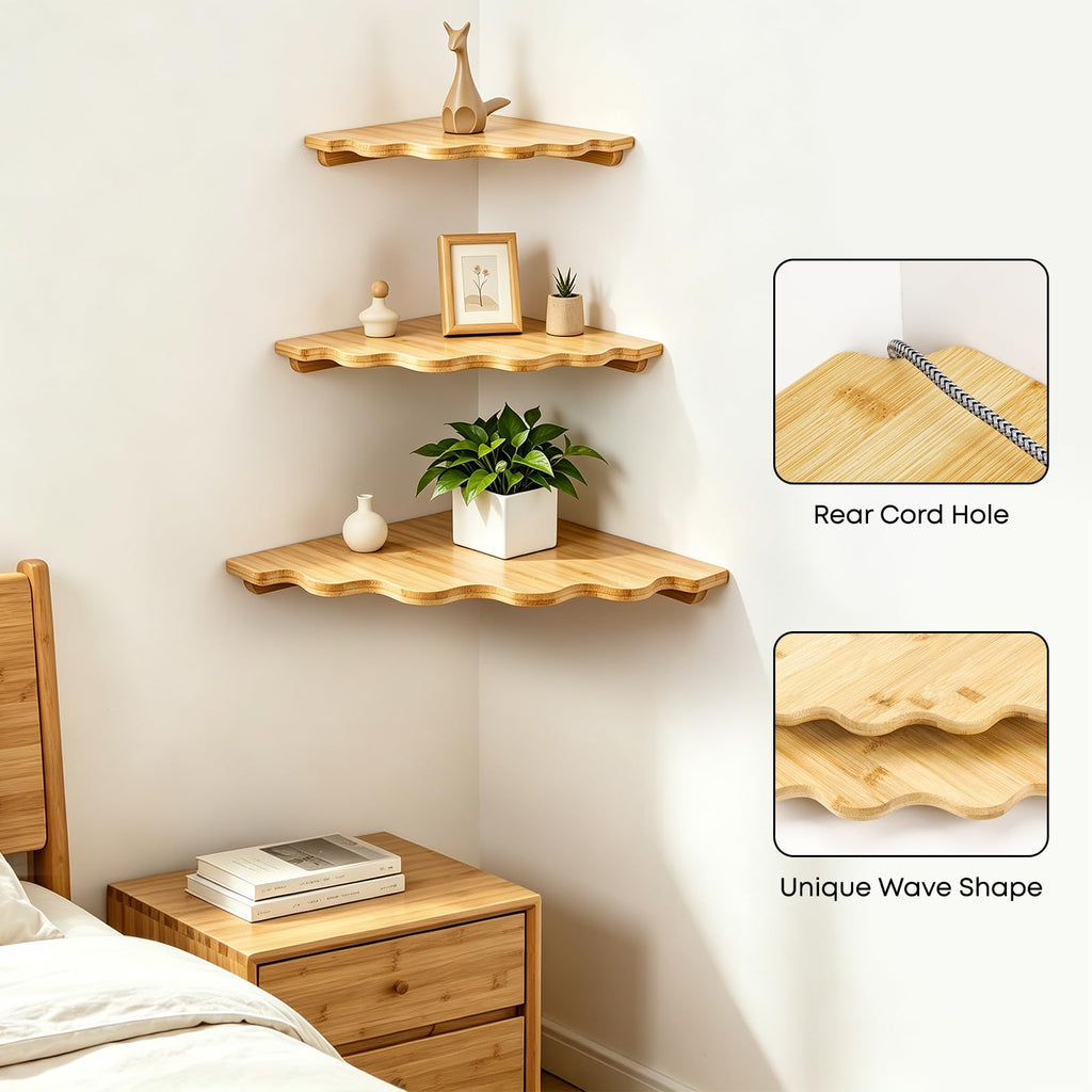 Corner Floating Shelf Wall Mount, Set of 3 Floating Corner Shelves, Bamboo Wood Corner Hanging Shelves with Cord Hole