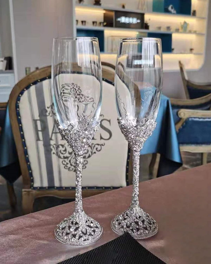 Champagne Flutes - Crystal Glass Metal Base With Crystal Stones, Set of 2 Toasting Flute Pair, Wedding Anniversary