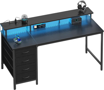 Computer Desk with 4 Drawers, 4 Drawer Gaming Desk with with Power Outlets and LED Lights, Office Desk for Small Spaces