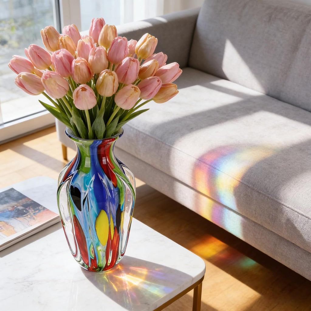 14" H Hand Blown Art Glass Vase, Multicolor Decorative Flower Vase with Wide Mouth Opening, Heavy Artistic Glass