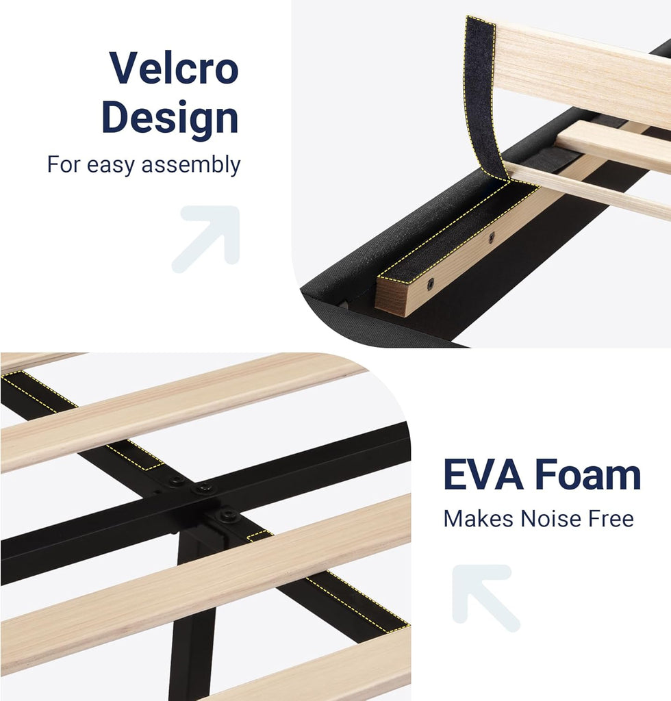 Queen Platform Bed Frame with Fabric Upholstered Headboard and Wooden Slats Support