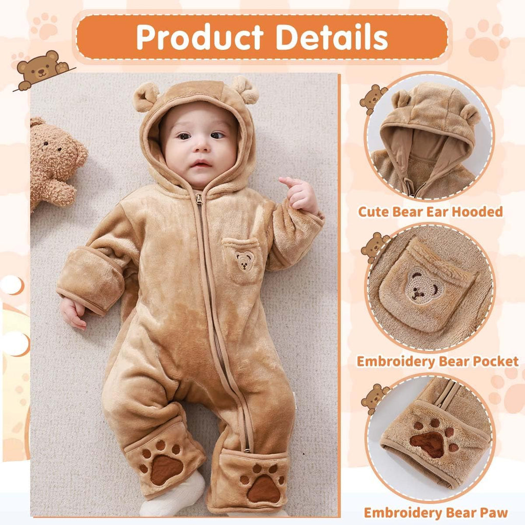 Baby Bear Outfit With Fold-Over Mittens Footies Thin Fleece Romper Hooded Jumpsuit Winter Coat Girls Boys