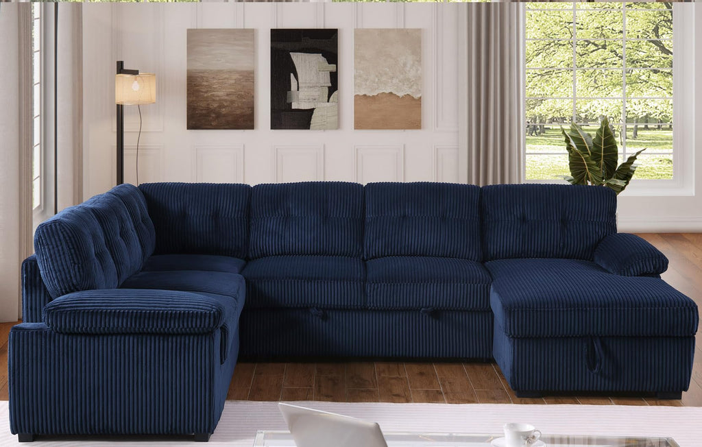 Corduroy Couch with Pull Out Bed 118" U Shaped Sleeper Sofa with Storage Chaise Navy Blue Modular Sectional Sofa