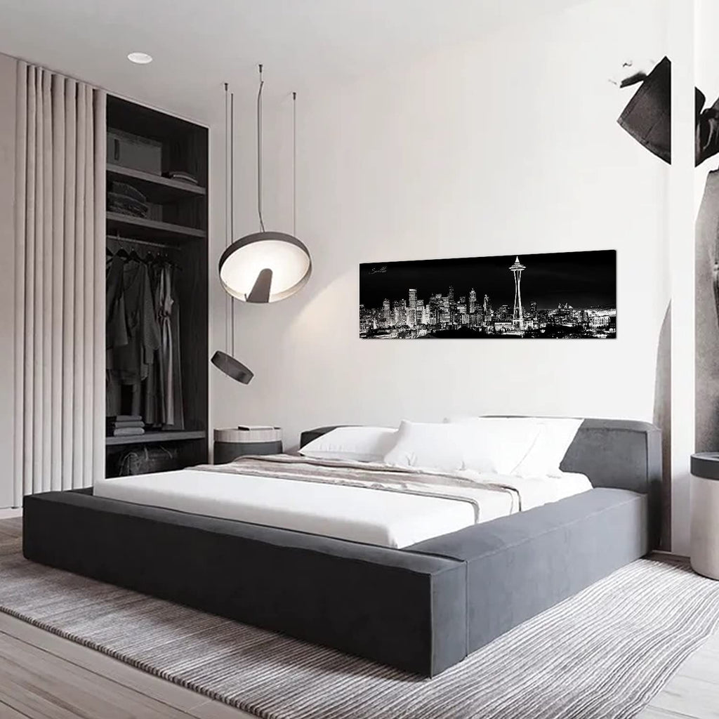 Seattle Skyline Wall Black and White Washington Cityscape Picture Space Needle Panoramic Artwork Urban Building
