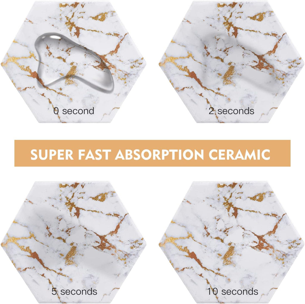 Marble Gold Coasters for Drinks Absorbent with Cork Base, Drink Coasters for Wooden Table with Metal Holder - Set of 6