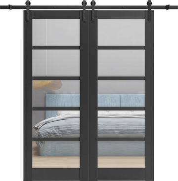 Quadro 4522 | Interior Sliding Double barn Doors with Clear Glass, MDF, 30x96, Black, Modern Style |
