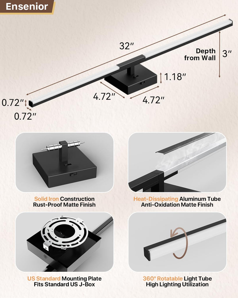 32" Modern Black Bathroom Vanity Lights, Built-in Dimmer, 5CCT
