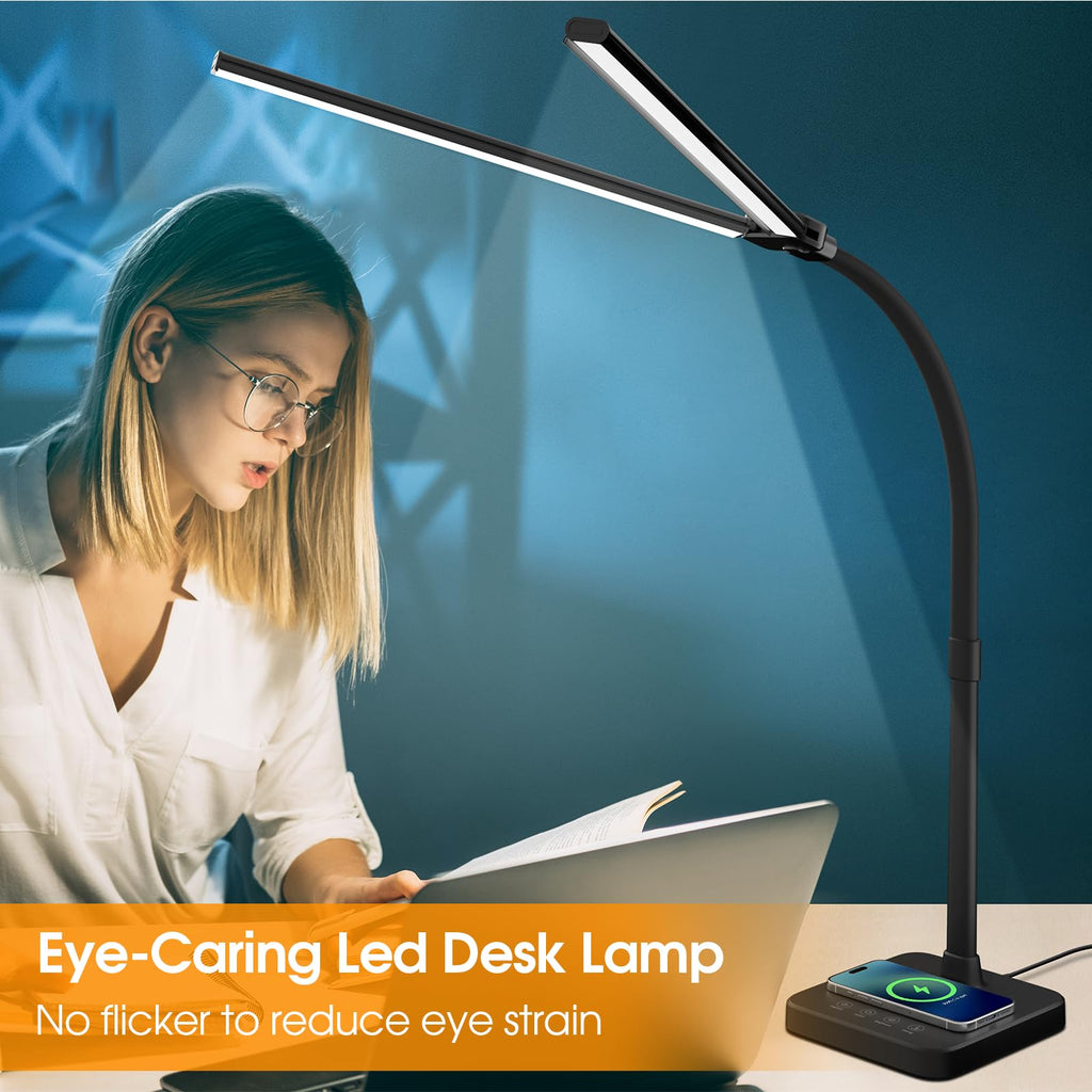 LED Desk Lamp, 24W Double Head Desk Light with Wireless Charging
