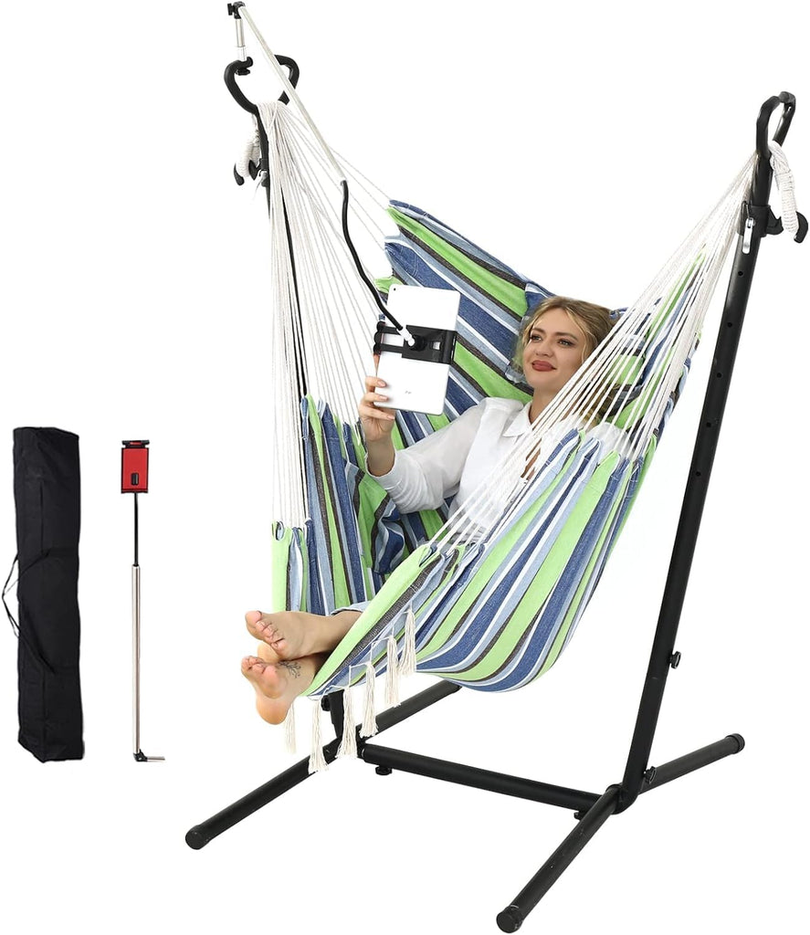 Hammock Chair with Stand Double Hammock Chair Bohemian Style with Tassel Mobile Phone Support Manual Adjustable Swing